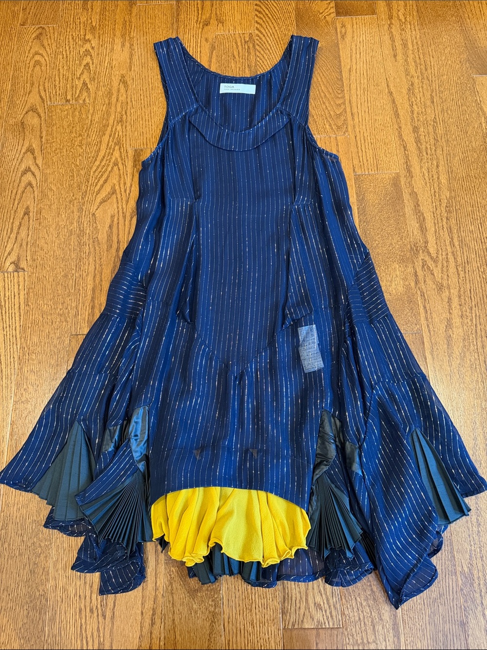 TOGA Navy Pinstripe Sleeveless Dress with Gold Threading